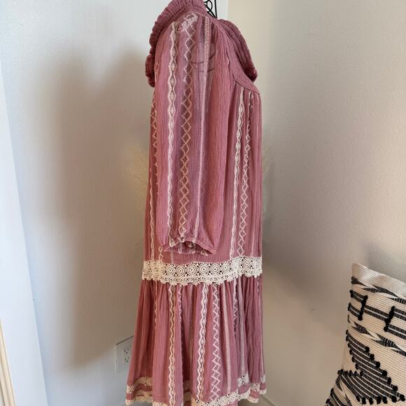 Anthropologie Floreat Orchard Pink Off Shoulder Boho Romantic Chiffon Mini Dress - Picture 3 of 10